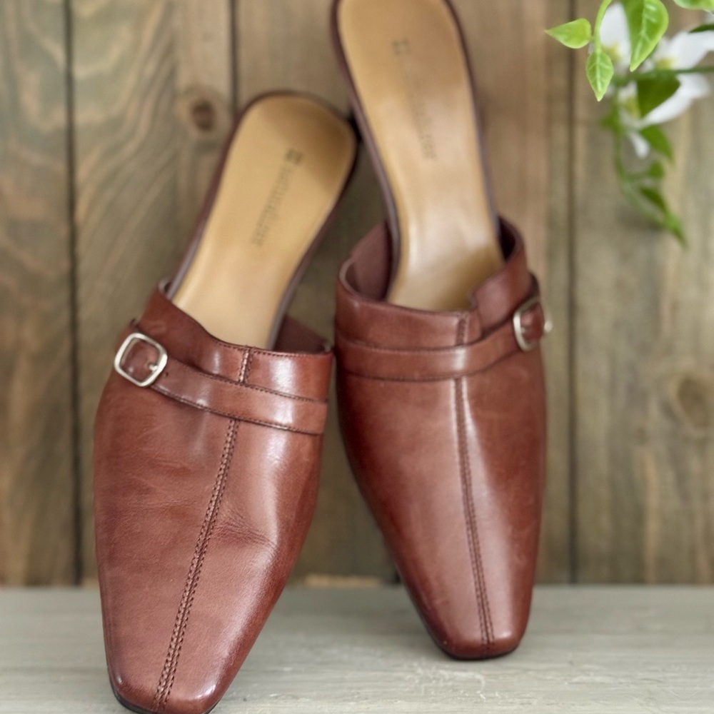 Naturalizer Brown Leather Mules with Silver Buckle